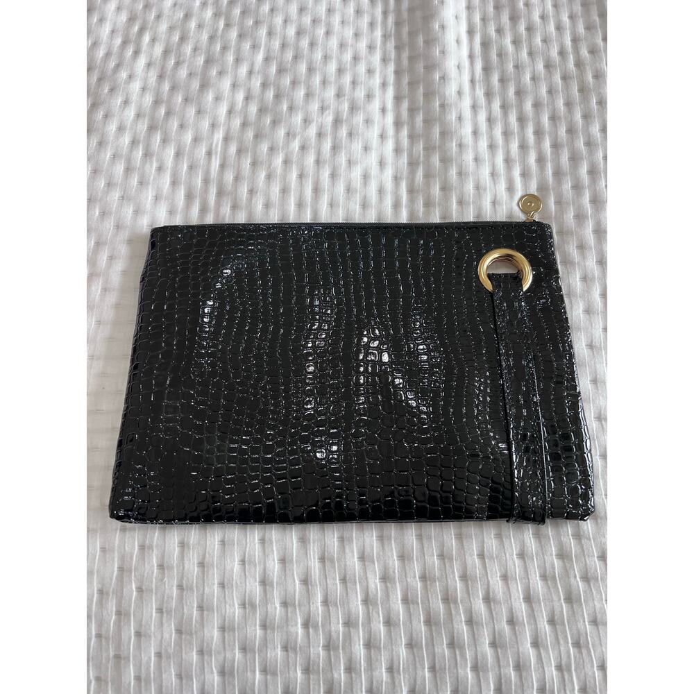 Black Faux Croc Embossed Clutch with Wristlet Strap | 12x8 Chic Textured Bag